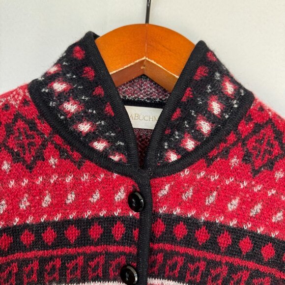 90s Vintage Dana Buchman Wool Mohair Blend Black Red Nordic Crop Cardigan Size M - Picture 4 of 15